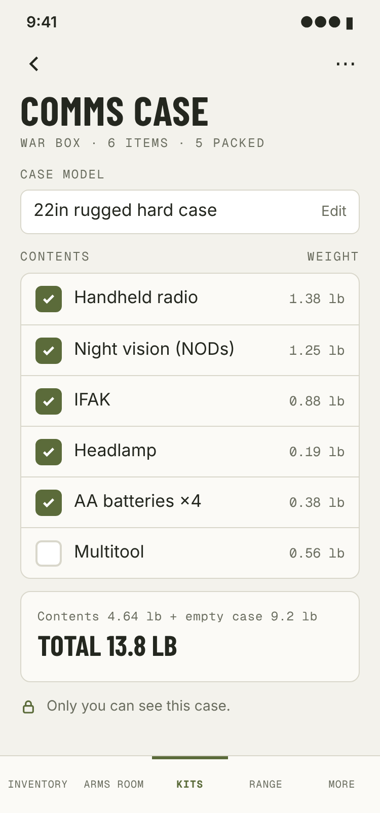 War Box app screen for a case called Comms case: six items with weights and a total weight of 13.8 pounds.