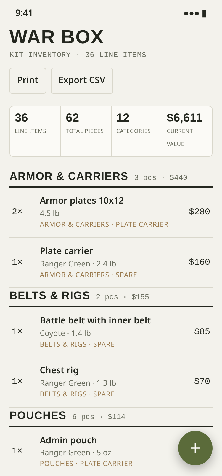 War Box app Inventory screen with sample gear: 36 line items, 62 pieces in 12 categories, current value $6,611. Armor and carriers: two 10x12 armor plates set up on the plate carrier, and a Ranger Green plate carrier. Belts and rigs: a Coyote battle belt and a Ranger Green chest rig. Pouches: an admin pouch on the plate carrier.